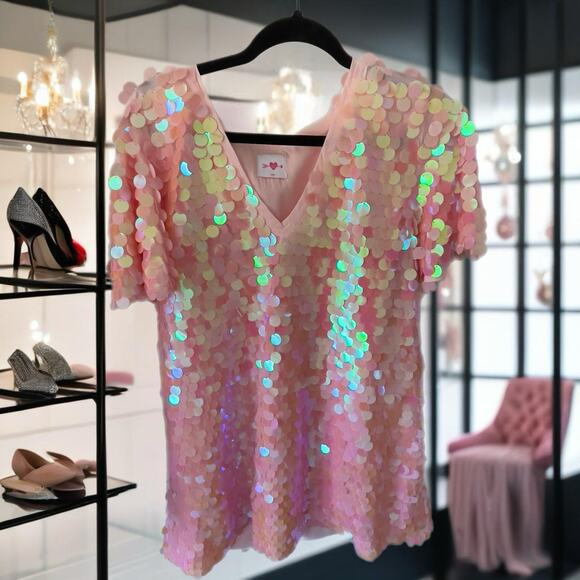 EUC Buddy Love Pink Iridescent Sequin Taya Dress- Large- Short Sleeve - Picture 1 of 3
